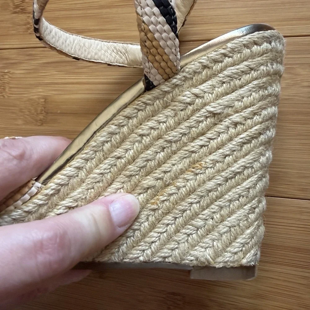 Cole Haan Hart Wedge Sandals Womens 9.5B Striped‎ Espadrille Ankle Strap Gold